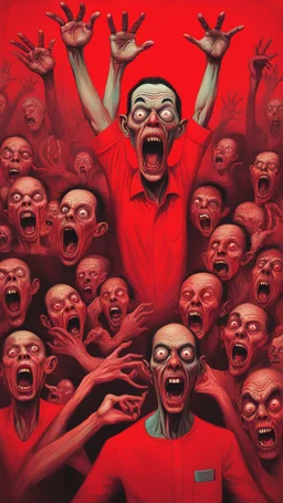 Bosch painting style ,nightmare, a lot of zombies with the hands up looking at you with screaming scary faces all of them in red colours and red background