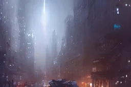 nighttime in gotham city as a spaceship hovers above the wet pavement, street level view, light mist, fantasy, intricate, elegant, digital painting, trending on artstation, concept art, soft focus, illustration by greg rutkowski, Gaston Bussiere and artgerm, 4k.