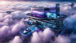 medium shot photo from high-tech futuristic office building between in big clouds , glass and metalic walls, tall, cyberpunk, blue, and dark colors with a landing dock of futuristic cars floating in the clouds, blue-white-purple sky, cold colors, high detalied, sharp focus, sci-fi mood