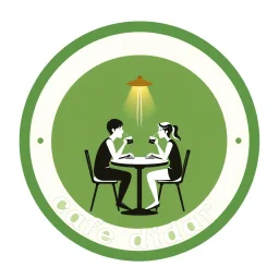 A circular logo for a cafe called (cofe didar) with a distinctive green border, in the center of which are two people sitting at a two-person table drinking coffee and a light above their heads.