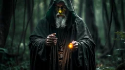 The hooded sorcerer in the forest