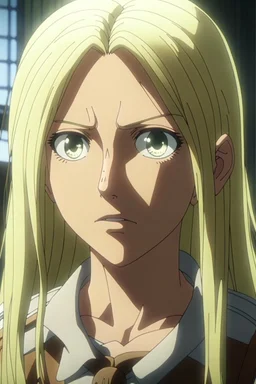 Attack on Titan screencap of a female The main character is a girl with light straight hair and different eyes Attacking