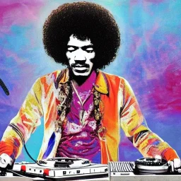 a realistic portrait of Jimi Hendrix at a turntable with headphones on being a DJ, vivid color, with sunglasses