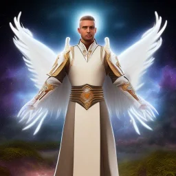 First image is of the main character full body. He’s to look like a powerful angel with white robe, symbols on hands glowing, His background should be that of space above with stars and standing on a paradise of a planet. His belt can transform into a white dragon.