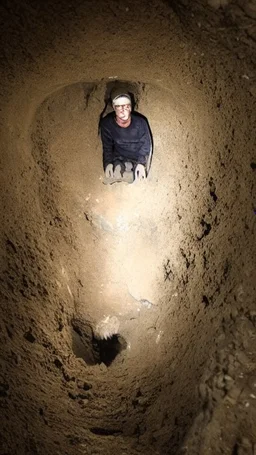 character in semi-darkness, on the scree cone of an underground room dimly lit by daylight coming from a well located forty meters above.