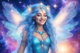A beauty Fairy women with long blue hair. She has Crystal wings and sweety elegant smile.She Is a magic sacred dancer in cosmica ceremony..the background Is a magic coloured bright galaxy, with a stars. She Is so fine gentle and with grace