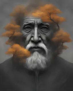 Tree in the style of old man's distorted face portrait, dark gray and light amber, rimel neffati, sebastian errazuriz, macro perspectives, digital art wonders, primordial creatures