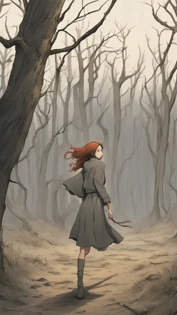 The young woman Lucy, dressed in modern attire, sprints through a barren and devastated forest. The trees are withered, the ground is littered with fallen branches, and an eerie silence hangs in the air.