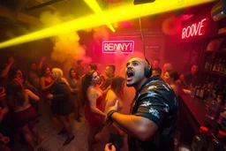 dans golv på en nedsliten sunkig techno club, många personer som dansar, yppiga kvinnor, mycket scen rök i lokalen, och gula röda strobes, en del personer ser in i kameran och skriker: "Benny!" och en Neon Skylt med texten "DJ ROY" på väggen, DJ Roy skriker rätt in i kameran, öppen mun, mycket flaskor och glas i baren