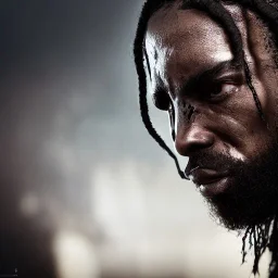 badass black man, long curly black hair, scar on eye, hooded, post-apocalyptic, realistic, intriacte detail, sci-fi fantasy style, volumetric lighting, particales,highly detailed,cinamatic, deep colours,8k