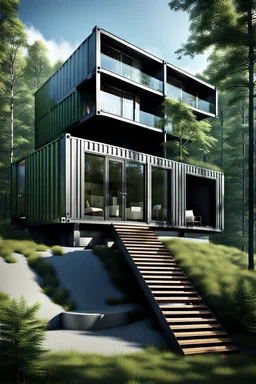 Modern house made from shipping containers, on a hill in the woods, photorealistic
