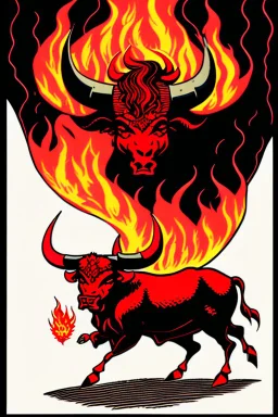 Vintage illustration of a demonic and magical bull made of red flames and fire, savage and obstreperous nature, charging down from black stormy sky, Tsuguyuki Kubo art, Topcraft, vintage storybook illustration, Beardsleyesque, ornamental, fantasy folk art, psychedelic, inspires by 70s Japanese anime, early Studio Ghibli, fantasy animation cartoon, last unicorn