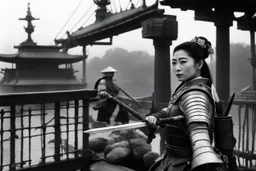 [on the bridge of the Potemkin] Onna bugeisha woman in armour with a katana on japanese battleship: Surreal... a psychological thriller... ... mix in a little World War II... sure... surreal events in an occupied town... man sees ancient soldier hiding in abandoned home... "Twilight Zone." What's that? No! You didn't want any jungle queens! Now wait a minute. You can't breathe. Too hot in here. Gotta open your eyes! Your mouth! What? They're open? Impossible-- You can't breathe! What? Fly? You a