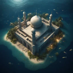 Hyper Realistic Aerial View of a Huge-Mosque sank deep within an ocean with lots of fishes & ocean-grass around at night with dramatic-&-cinematic-ambiance