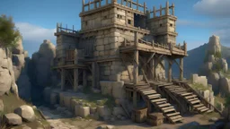 A ruined stone fortress, repaired with wood, scaffolding, palisades, realistic, medieval, painterly,