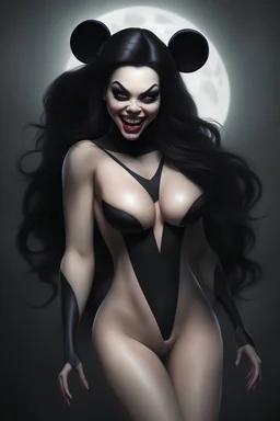 inspired by all the works of art in the world - laughing - Zym Fandell, an extremely tiny, thin, voluptuous beautiful mickey mouse-faced vampire werewolf female with long, black hair, full body image, wearing a skinsuit, Absolute Reality, Reality engine, Realistic stock photo 1080p, 32k UHD, Hyper realistic, photorealistic, well-shaped, perfect figure, a multicolored, watercolor stained, wall in the background, hickory dickory Clock