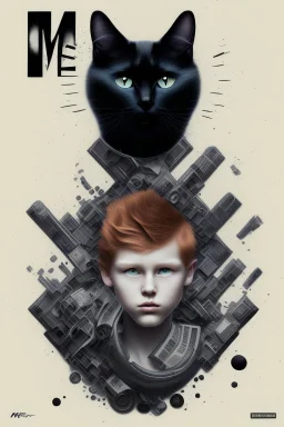 Act like a book cover designer. Use graffiti style. Three teenagers (13-15 years old) with a grimy black cat. Two boys- redhead, chubby, low, skinny, high, neutral emotion. The punk girl with black hair. In background white minivan with the driver in t-shirt and with mostauche. Enviroment: old town.