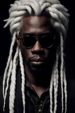 Oil portrait style. Waist-high. Black man, long hair, white hair, Afro braids, black suit, glasses, scar on the eye.