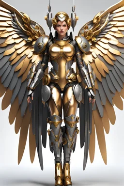 Full body Lady Angel cyborg straddle wings, using traditional armor,detailed, intricate,gears cogs cables wires circuits, gold silver chrome copper
