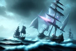 [Sea Elf] [Maormer] Hero Queen with [white hair] and [blue skin] Looking upon the ocean from her [ship] with crew in the storm. [fantasy] [realism] [Elder scrolls]