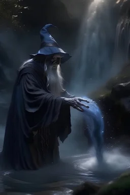 old dark wizard stopping the water from a waterfall, 4 k, down-light, soft light, depth of field, photo realism, trending on art station, high detail, spray paint