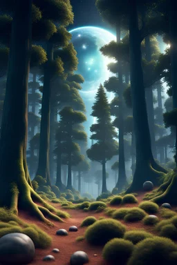 Forest in the Space, 8K resolution, high quality, ultra graphics, and detailed with lines.