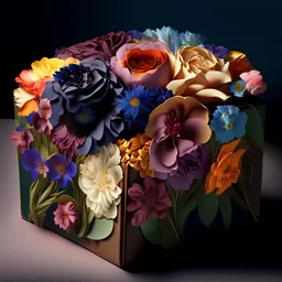 Create a hyper-realistic 90-degree side view of a box brimming with a single type of flowers, all in a uniform color. Each flower, meticulously detailed, spills out of the box in stunning realism. Focus on intricate textures and lifelike details, ensuring every flower matches in color and type. Capture the abundance of this flower variety overflowing from the box, creating a visually captivating display of nature's beauty.