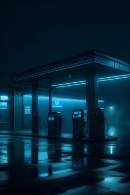 Dimly lit misty gas station with blue neon lights HD