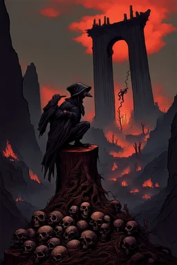 a weird bird-man creature in dark hooded and hat sitting on top of a tree stump, pile of skulls under his feet, under in valley a ruins city with fires and ash and bones, dark deep colors, style by Vincent Lefevre, El Kazovszkij, and Lovecraft , black raven sitting on his shoulder, dark dream of the end the world, in the background floating a tall dark magic gate into after-life, surreal weird art, cinematic