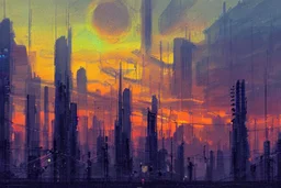 Sunset, cyberpunk buildings near trees, highway, people, sci-fi, concept art, tendency to impressionism, realistic painting