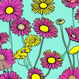 illustration of a bouquet of daisies, digital illustration, thick blain lineart, pastel colors, plain yellow background, minimalist art