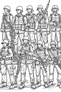 Outline art for coloring page OF A SET OF TOY ARMY SOLDIERS, coloring page, white background, Sketch style, only use outline, clean line art, white background, no shadows, no shading, no color, clear