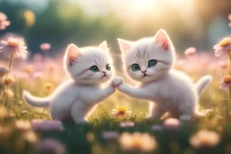 cute chibi kittens fighting on a flowerfield in sunshine, ethereal, cinematic postprocessing, dof, bokeh Weight:1 detailed matte painting Weight:0.9