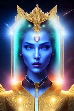 Beautiful tall woman Pleiadian galactic commander, ship, perfect detailed face, detailed golden galactic suit, high rank, long blond hair, hand with five perfect detailed fingers, amazing big blue eyes, smiling mouth, high definition lips, cosmic happiness, bright colours, blue, pink, gold, jewels, realistic, real photo, bright and sunny background, very detailed, high contrast, high definition 8k, pixel 512X512, unreal engine 5, extremely sharp details, light effect, br