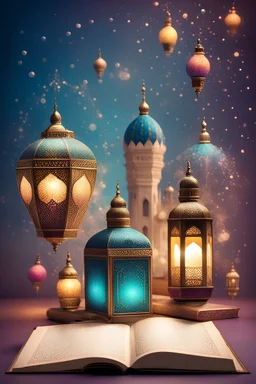 Ramadan lantern with mosqueMosque, with Ramadan lantern, and the Qur’an, a world of bubbles in a world of colors