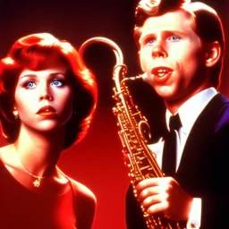 REd-haired Ron howard Is richie from happy days playing his saxophone with "closed-eyelids", rock band, embouchure, joanie cunningham