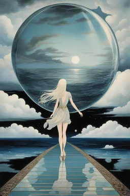 Kay Nielsen, Jindřich Štyrský, Surreal, mysterious, strange, fantastic, fantasy, Sci-fi, Japanese anime, walking car, glass sphere, miniskirt beautiful girl, space, perfect voluminous body, sea, clouds, detailed masterpiece high angles perspectives