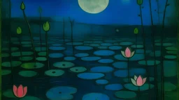 A purplish indigo lilypond under the moonlight painted by Paul Klee