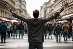 Un hombre de espaldas saluda con los brazos abiertos en señal de acogida en mitad de la calle de una ciudad