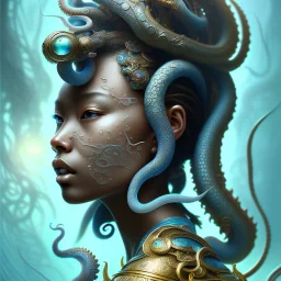 Sango fantasy, fantasy magic, intricate, sharp focus, illustration, highly detailed, digital painting, concept art, matte, art germ and Paul Lewin and Kehinde Wiley, masterpiece Japanese head bronze octopus' Asian African girl nice breast Thai hair turquoise silver blue under water