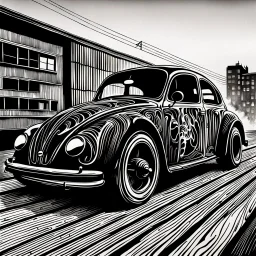 create an abstract, woodcut of Volkwagen beetle rat rod with highly detailed and deeply cut features, lost in a horrific post apocalyptic world, in the style of KATHE KOLLWITZ , searing lines and forceful strokes