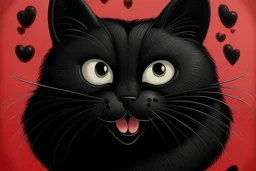 Whimsical black cat with a very funny face in the middle of a heart