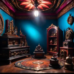 Diorama of old stuff in a room, sharp focus, 8k, 3d, very detailed, volumetric light, grim, fine art, very colorful, ornate, 35mm, F/2.8, insanely detailed and intricate, hypermaximalist, super detailed, decadent