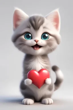 happy cute kitten holding a heart, 3 D, cartoon style, isolated on a white background
