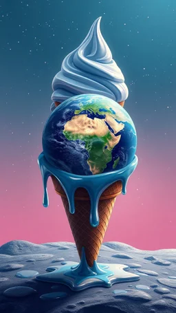 art create a 4k image of planet earth in side an ice cream cone , an illustration in the style of Luis Royo, Rarth as an ice cream large droplets of viscous syrupy fluid, stars in the background