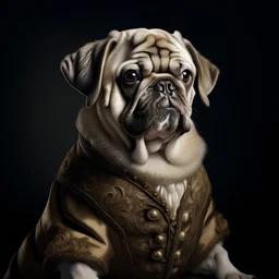 A high-quality render of Pug Bach Johann Sebastian, dressed in a classic 1700 austere wig, in a regal and dignified pose. The pug should be the main focus of the image, with realistic fur and adorable facial expression. The wig should be intricately detailed, showcasing the classic style of the 1700s. The image should be rendered in high definition, with a resolution of 32k, capturing every minute detail with stunning clarity. Please ensure the Pug Bach Johann Sebastian is the sole subject of th