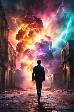 Young man walking towards a building that is exploding at night, with coloured auras and lightning around him