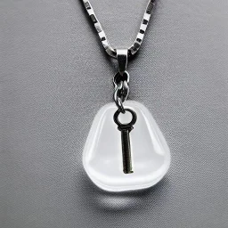 Clear polyester necklace with a chunky silver pendant in the shape of a key