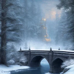 fantasy art, book illustration, wizard skating, stairs of a bridge to old mill ,icy water, on the bridge is a wolf,seen from the tree tops