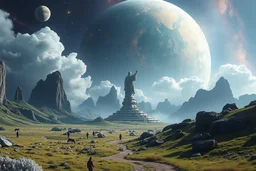 Cosmic planet landscape, A Large Magical Statue in the middle of the landscape.